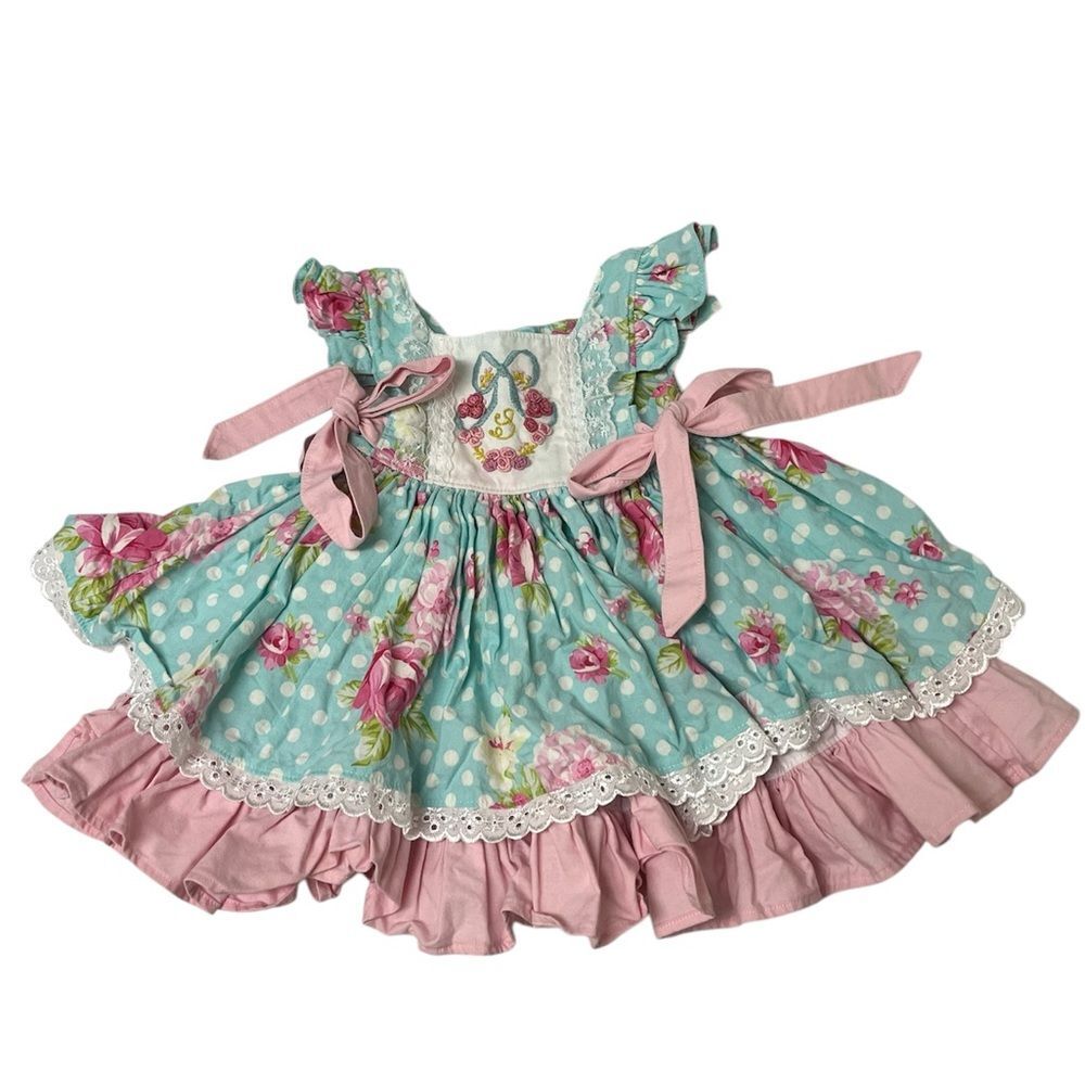 Stitches N Bloom Design Girl’s Pink and Blue Floral Apron Peasant Dress SZ 2T